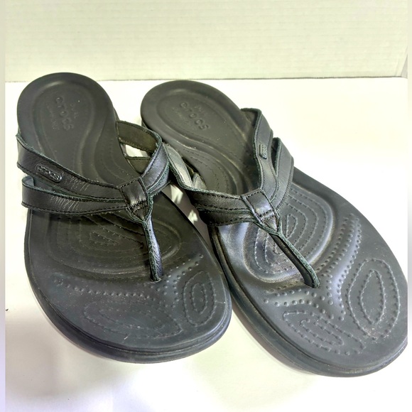 CROCS Shoes - CROCS Black Leather Strap Sandals Comfortable Casual Footwear